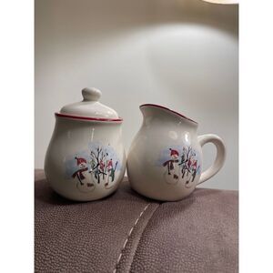 Royal Seasons Christmas Snowman Stoneware Creamer and Sugar bowl with lid.